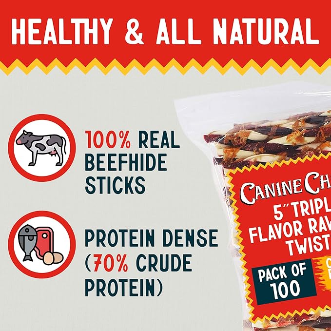 Canine Chews 5" Triple Flavor Rawhide Stick Twists for Small Dogs Dog Treat Dental Stick Chicken, Pork, Beef Flavor Chew Toy (100 Pack)