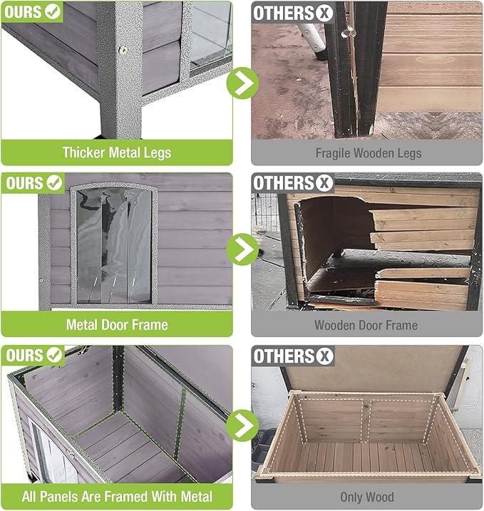 GUTINNEEN Chew Proof Dog House with Metal Iron Frame Outdoor Dog Kennel for Small Medium Large Indoor Dog Cage (43.3" L,Grey Color)