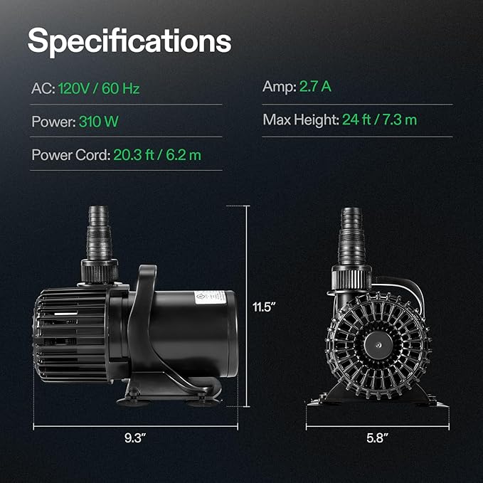 VIVOSUN 5300 GPH Submersible Water Pump, 310W Pond Pump, Ultra Quiet Aquarium Pump with 20FT. Lift Height for Pond Waterfall, Fish Tank, Statuary, or Hydroponics