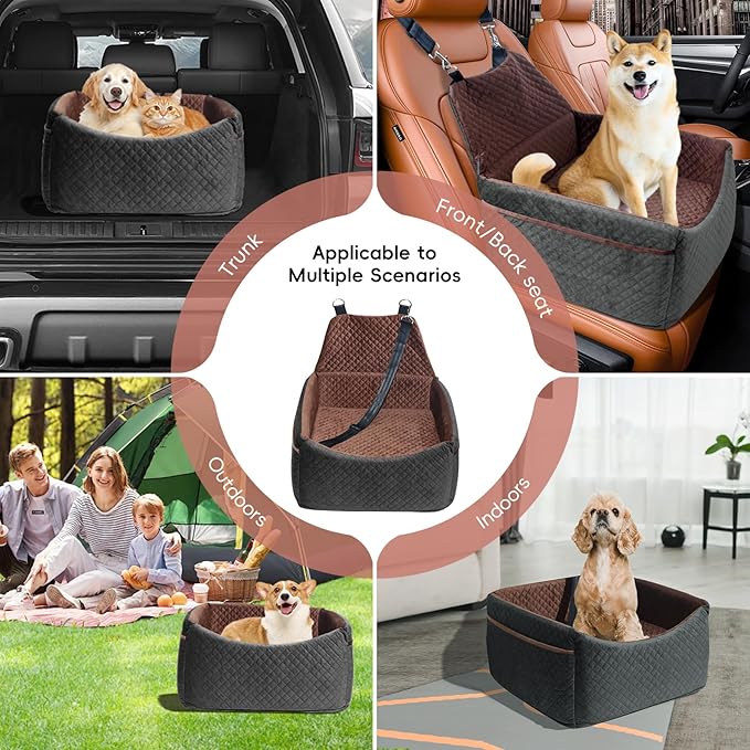 Dog Car Seat for Small Medium Dogs, Soft Fabric Dog Booster Seat with Storage Pockets, Safety Belt, Comfy Pet Car Seat Travel Bed, Removable and Washable