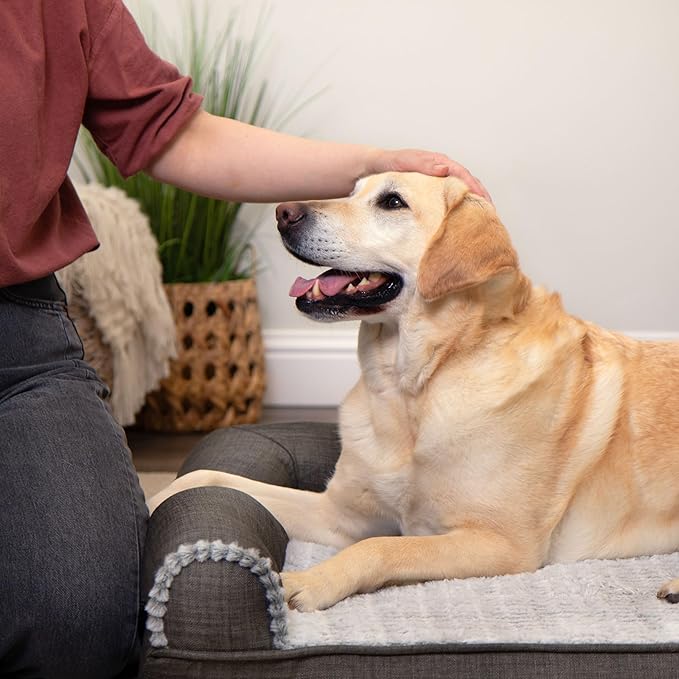 Furhaven Orthopedic Dog Bed for Large/Medium Dogs w/ Removable Bolsters & Washable Cover, For Dogs Up to 55 lbs - Luxe Faux Fur & Performance Linen Sofa - Charcoal, Large