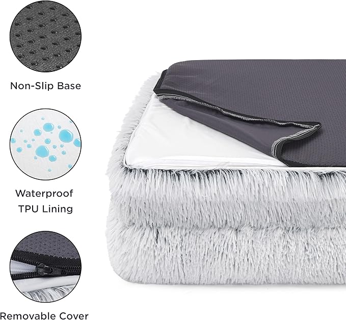 Bedsure Orthopedic Dog Bed Medium Size Dogs - Washable Medium Dog Cat Bed Waterproof, Comfort Pet Couch Sofa with Washable Removable Cover, Pets Bed with Nonskid Bottom, Long Faux Fur-Misty Grey, 28"