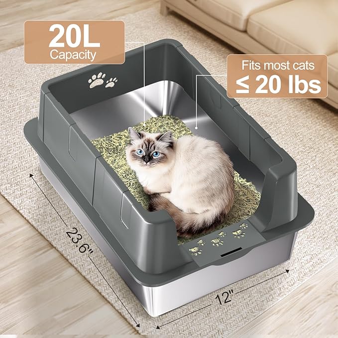 Sousia Stainless Steel Litter Box, Non-Sticky Anti-Leakage Easy Cleaning Metal Cat Litter Tray with Lid, High Wall Sides Enclosure and Scoop, Ideal for Big Cats, XL (Grey)