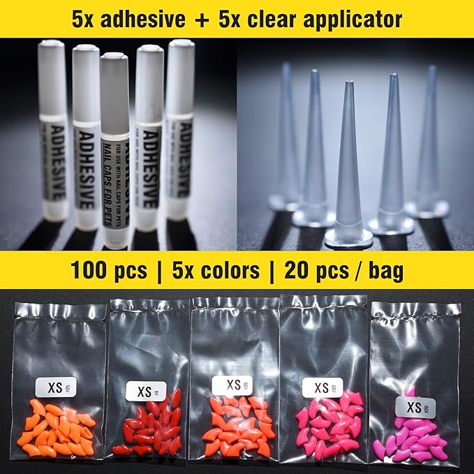 zetpo 100 pcs Cat Nail Caps | Cat Claw Covers | with Adhesives and Applicators (XS, Orange, Red, Neon Red, Bright Pink, Rose)