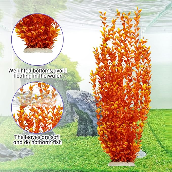 Hamiledyi Aquarium Plastic Plants Aquarium Decor Artificial Fish Tank Plants,Tall Fish Tank Decorations, Extra Large Aquarium Plant 23.6-inch Tall,2PCS（Orange Style A）