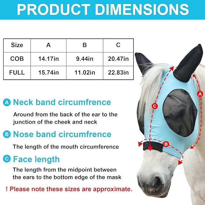 Stretchy Horse Fly Mask with Ears, Soft Lycra Equine Mesh Mask with UV Protection Face Cover, Pacific Blue, Full