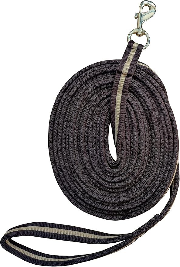 Soft Padded Lunge Line Rein Lead for Horses 27ft Looped Handle Swivel Clip (Brown/Beige)