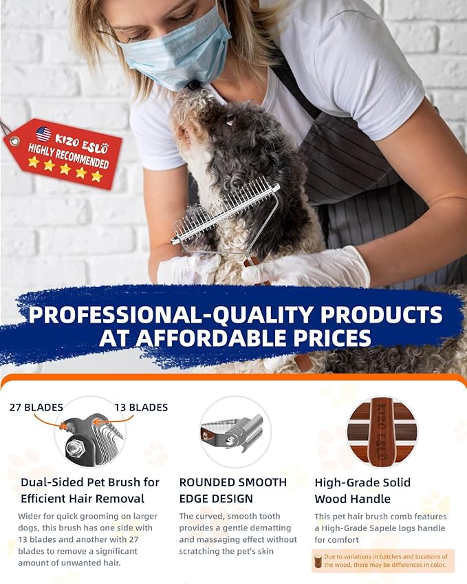 Extra Large 2-Sided Undercoat Rake for Dogs & Cats, Dog Brush for Shedding Remove Mats, Dematting Comb, Safe&Gentle Grooming Brush for German Shepherds Medium to Long-Haired Pets,Premium Wooden Handle