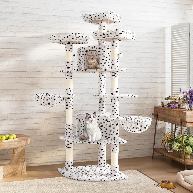 SHA CERLIN 73in Fan-Shaped Corner Cat Tower for Save Space/Multi-Level Tall Tree for Indoor Kitties/Condo with Baskets/Cozy Perches/Sisal Scratching Posts/Pet Activity House/White & Black Spot