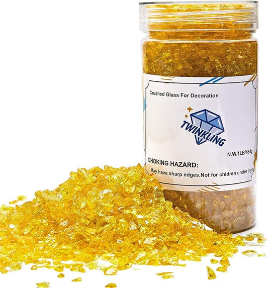 TWINKLING High Luster Fire Glass Gravel Stone Glitter,Broken Glass,Fire Gems Chips,Crushed Glass for Fire Pit Crafts Resin Art Aquarium Garden Decoration,3-6mm,1-Pound Jar (Yellow)