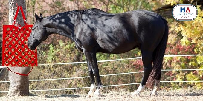 Majestic Ally Premium Nylon Hay Bag for Horses and Livestock, Simulates Grazing, Slow Feeding, Heavy-Duty PP Webbing,Quick-Adjust Straps, Small Hole for Digestion, Multiple Colors (Red)