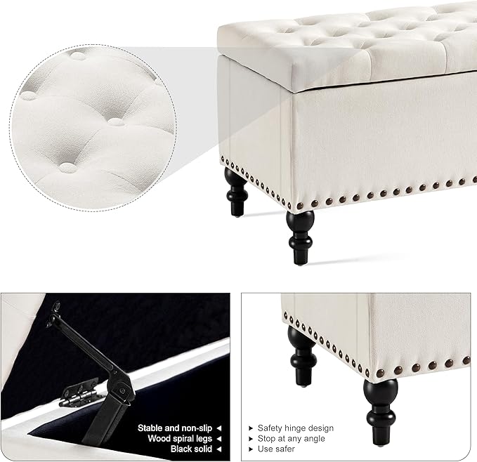 Ottoman with Storage,50.2-inch Upholstered End of Bed Storage Bench for Bedroom,for The Living Room,for Entryway, with Rivets & Button and Safety Hinges,Detachable (White)