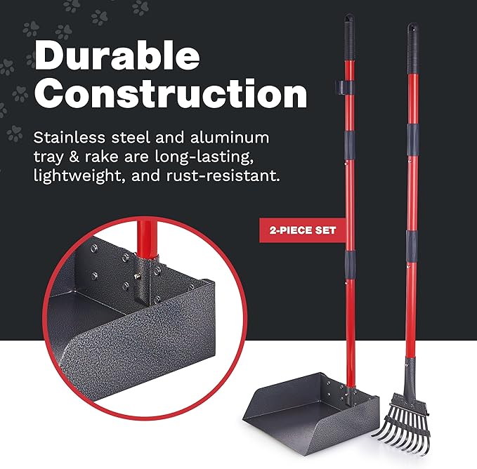 Pooper Scooper for Large Dogs, Small Dogs and Horses, Metal Poop Scooper Set with Long Handle Rake and Tray for Yard, Grass, Dirt or Gravel, Heavy Duty Aluminum Poop Picker Upper