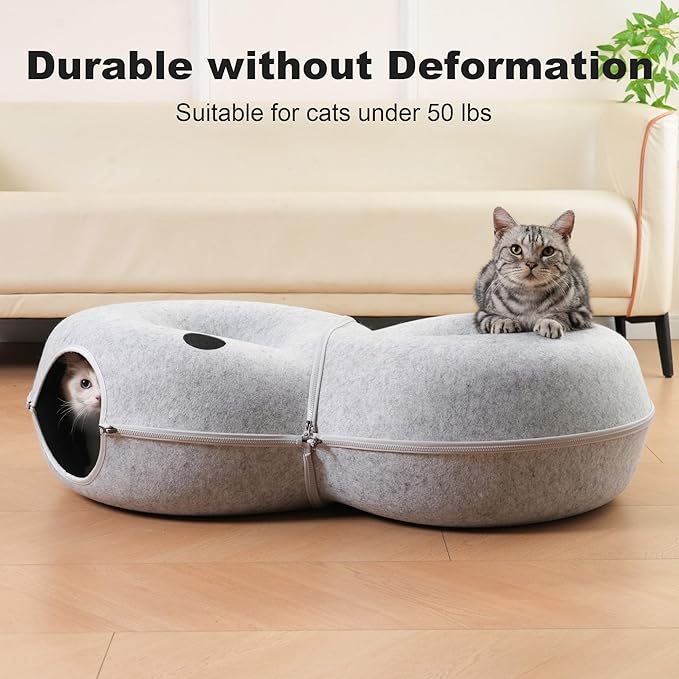 8-Shaped Large Cat Tunnel Bed for Indoor Cats, Infinite Circulation Peekaboo Cat Cave with 12 Toy Balls, Cat Donut Tunnel for Cats up to 30 Pounds (Light Grey, L 38x24x11in)