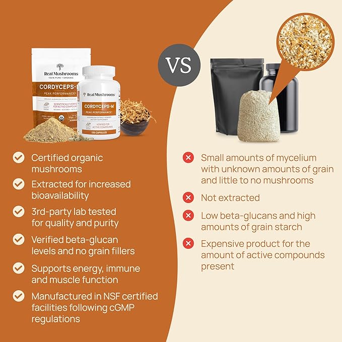 Real Mushrooms Cordyceps Mushroom Powder - Organic Cordyceps Powder Mushroom Energy and Wellness Support - Rich in Beta Glucans - Non-GMO, Vegan Supplement, 60 Servings