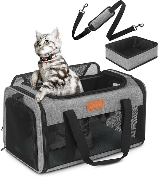 PETUX Pet Carrier Airline Approved, 17"x11"x9.5" Cat Carrier Soft with Anti-Scratch Mesh for Small Cats up to 12 lb, Top Open Portable Dog Carriers with Little Box for Puppy up to 10 lb (Grey)