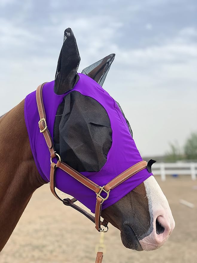 Horse Fly Mask Super Comfort Horse Fly Mask Elasticity Fly Mask with Ears We Only Make Products That Horses Like… (Dk Purple, L)