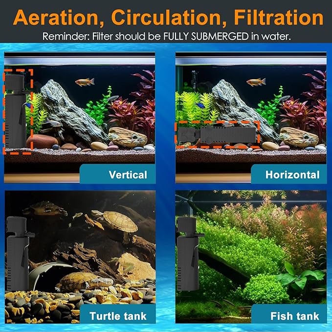 Fish Tank Filter with U - V Light & Timer (3/6/12/24 Hours) for Green Water Cleaning, Aquarium Filter with Aeration Turtle Tank Filter with Pre-Filter Sponge for Tanks 40-70 Gallon