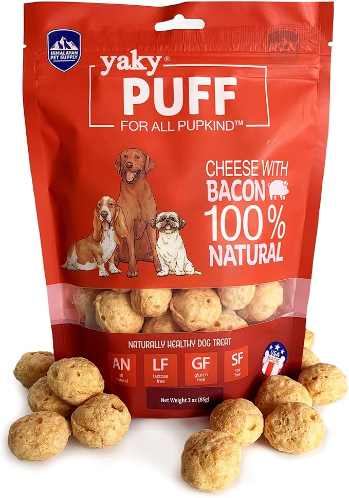 yakyPUFF Himalayan Cheese Treats | Lactose Free | Gluten Free | Grain Free | REAL BACON | USA MADE | For All Breeds | Bacon Flavor Crispy Puffed Treat