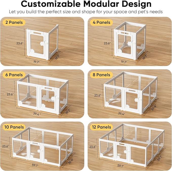 Acrylic Clear Dog Play Pen Indoors, Puppy Playpen with Door for Small Dogs Puppies, Transparent Plastic Pet Playpen Cage Fence Crate Kennel for Cat Kitten Rabbit Bunny Ferret etc (White-10 Panels)