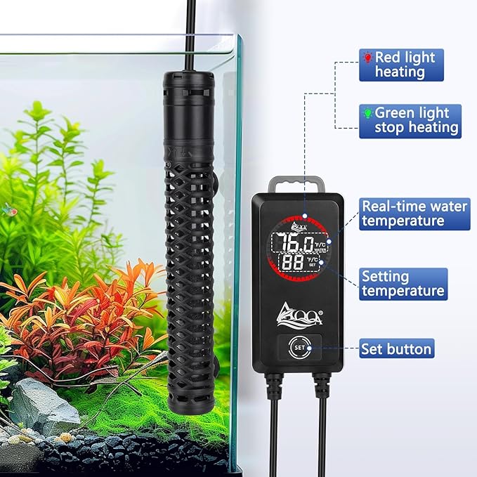 AQQA Aquarium Heater,Submersible Fish Tank Heater 59-93°F/15-34°C External Controller,Rapid Heating,Ultra-high Temperature Protection,Automatic Power-Off When Leaving Water (200W for 26-53 Gallon)