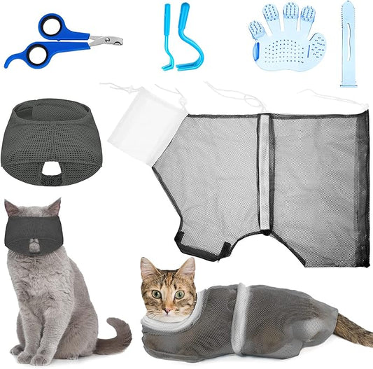 Patelai 5 Pcs Cat Bathing Bag Set Cat Grooming Bag Adjustable Pet Shower Net Muzzles Nail Clipper Tick Remover Tool Massage Brush(Grey-White)