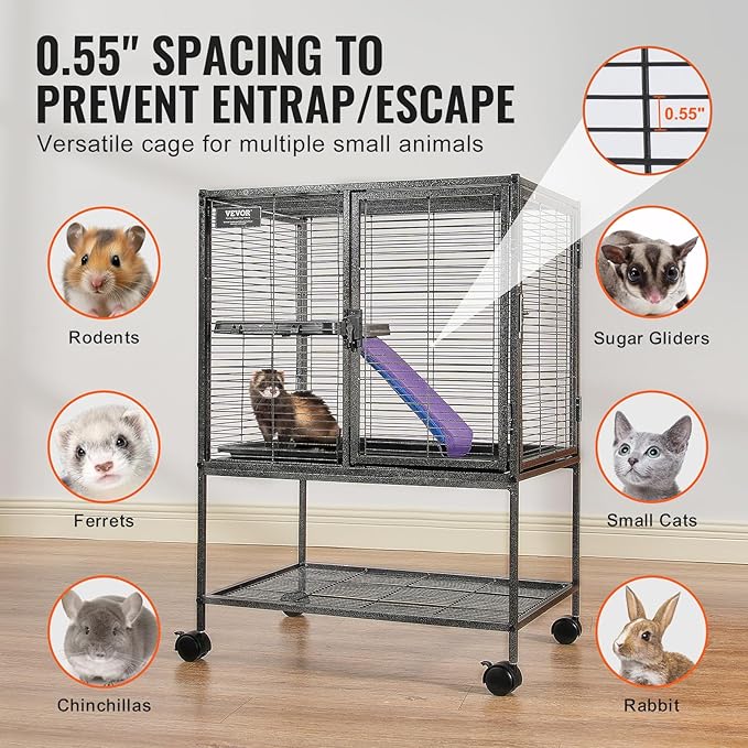 VEVOR 34" Rolling Metal Ferret Cage, Large 2-Tier Critter Nation Cage, Small Animal Cage with Ramps & Tray, Easy to Set up for Pet Mice, Hamster, Guinea Pig, Chinchilla, Squirrel, Hedgehogs, Bunny