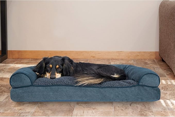 Furhaven Pillow Dog Bed for Medium/Small Dogs w/ Removable Bolsters & Washable Cover - Sherpa & Chenille Sofa - Orion Blue, Medium