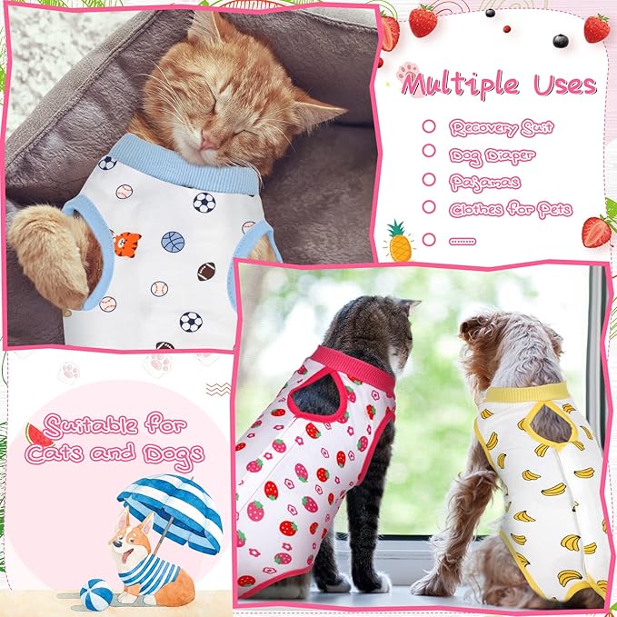 Nuanchu 3 Pieces Cat Recovery Suit Kitten Recovery Suit E-Collar Alternative for Cats and Dogs Abdominal Skin Anti Licking Pajama Clothes Sets(Strawberry Pattern,Large)