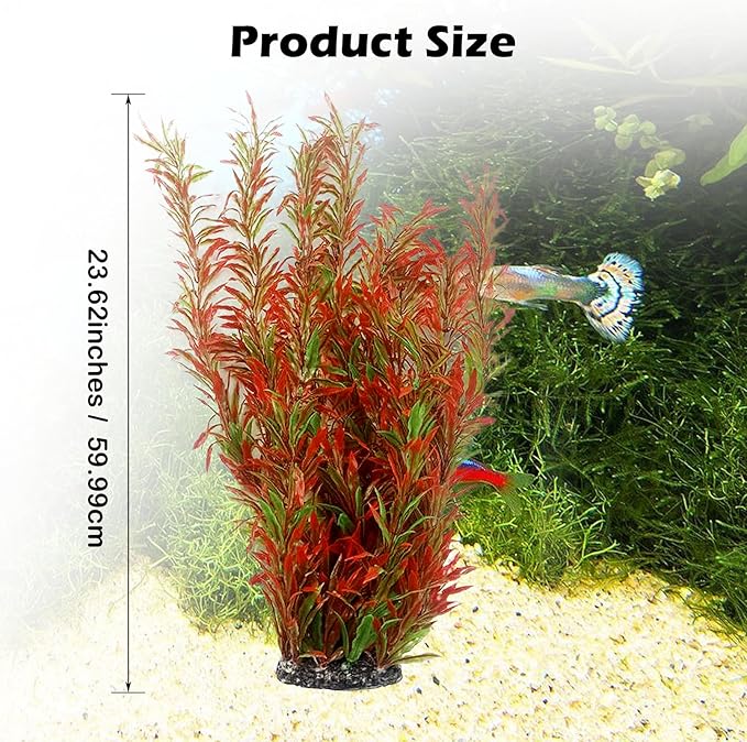 kathson Artificial Aquarium Plant Decorations,23.62 Inches Large Plastic Fish Tank Plants Tall Realistic Aquarium Accessories for Freshwater and Saltwater(Wine and Green,2 Pcs)