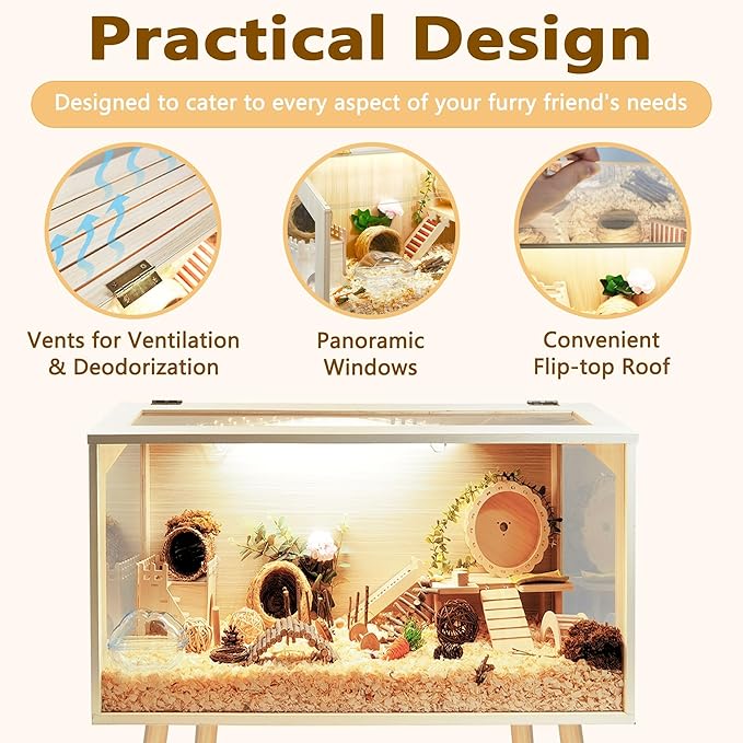 Hamster Cage Wooden Chew Proof, Extra Large Mice and Rat Habitat Openable Top with Acrylic Sheets Solid Built Small Animal Cage with Leg Stands, 24 Inch Long