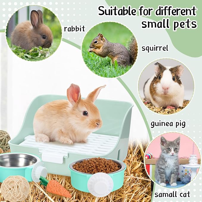15 Pcs Rabbit Starter Kit Small Rabbit Litter Box Animal Grooming Kit Bunny Toys Bowl Blankets with Cleaning Set for Guinea Pig Accessories(Green)