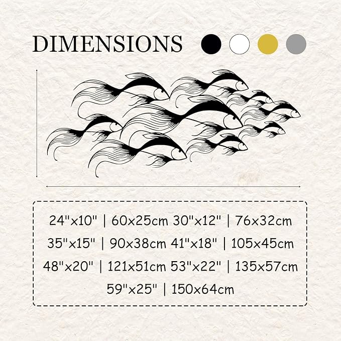 School of Fish Metal Wall Art, Metal Fish Wall Decor, Sea Life Wall Art, Large Nautical Wall Hanging, Modern Beach House Wall Decor, Ocean Themed Artwork for Bathroom (White, 48"x20" | 121x51cm)