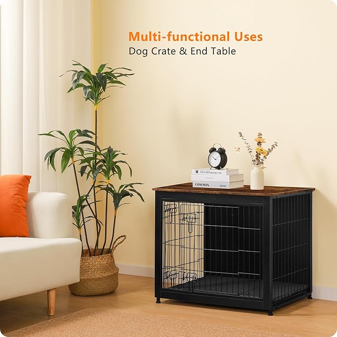 DWANTON Dog Crate Furniture with Cushion, Wooden Kennel Table with Double Doors, Indoor Dog House, Medium Size, 32.5" L, Black+Rustic Brown