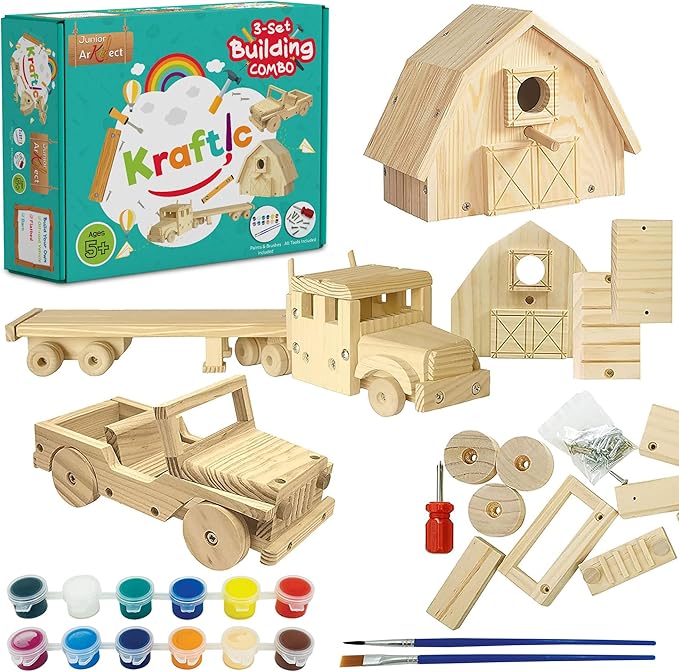 Kraftic Woodworking Building Kit for Kids and Adults, Set of 3 Educational DIY Carpentry Construction Wood Model Kit Toy Projects for Boys and Girls - Off-Road Vehicle, Flatbed Truck, Barn Birdhouse