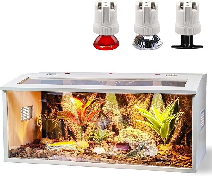 Bearded Dragon Tank, Reptile Enclosure, Snake Tank, Reptile Terrarium, Built-in Light Fixtures with Switch, (37 Gallon, 40" Long, Thick Wood Roof)