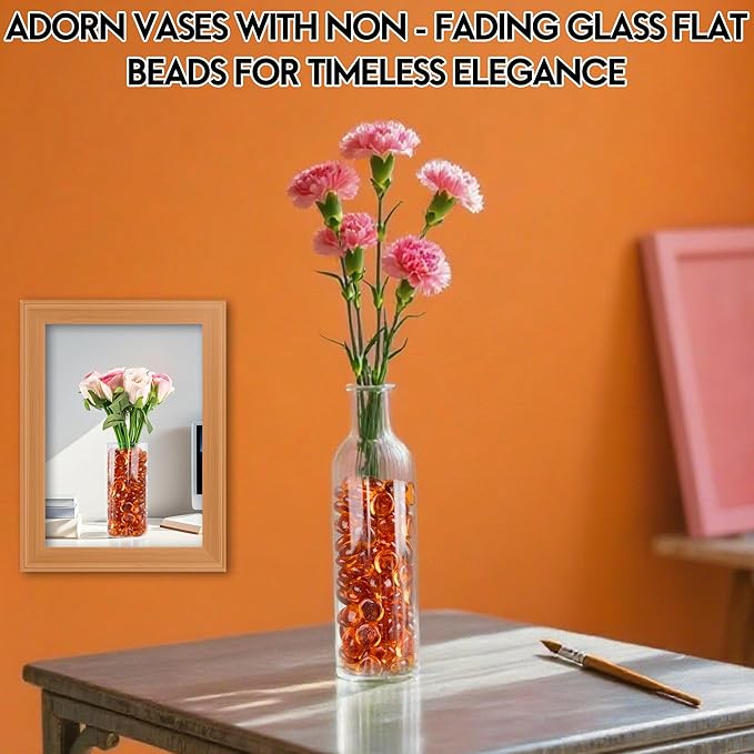 1LB Glass Marbles, Transparent and Smooth Flat Glass Beads for Vases, Mosaic Gem Pebbles for Aquarium Decor, Floral Arrangements, Mancala Stones, Vase Filler and Crafts, Orange