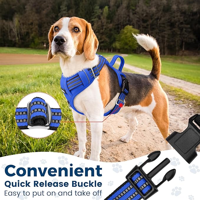 Funfox Dog Harness No Pull, Adjustable Pet Vest Harness, Super Soft Material with Vertical Handle Easy Control, Reflective Night Walking, 2 Leash Clips for XLarge Dogs, Blue, XL