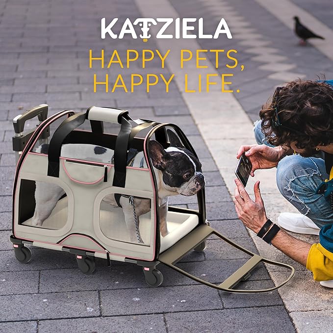 Katziela Pet Carrier - Airline Compliant Dog Carrier - TSA Approved Pet Carrier for Small Dogs and Cats - Soft FAA Travel Airplane Dog Carrier Luggage (Gray/Pink-6 Wheels)