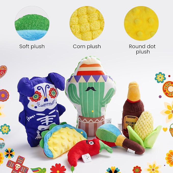 Nocciola Mexican Style Squeaky Dog Toys, Cute Soft Plush Stuffed Crinkle Chew Puppy Toys for Small Medium Breed, 8 Packs