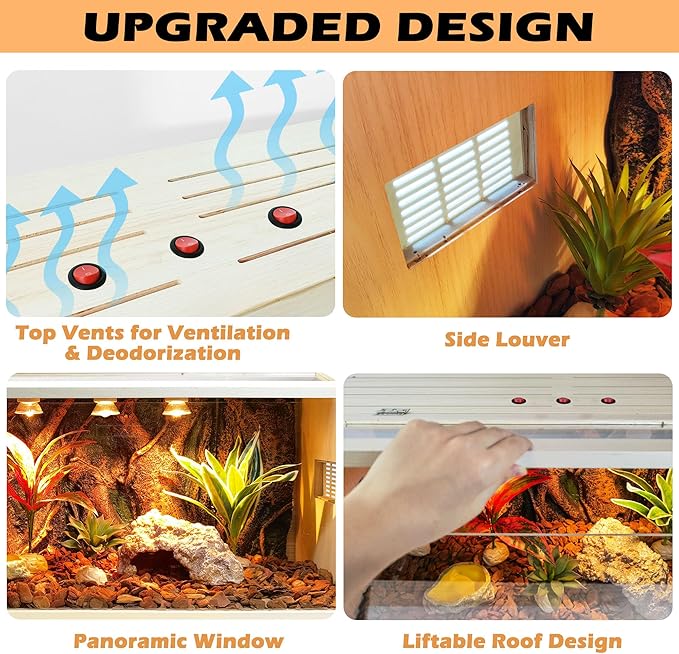 Bearded Dragon Tank, Reptile Enclosure, Snake Tank, Reptile Terrarium, Built-in Light Fixtures with Switch, (37 Gallon, 40" Long, Thick Wood Roof)