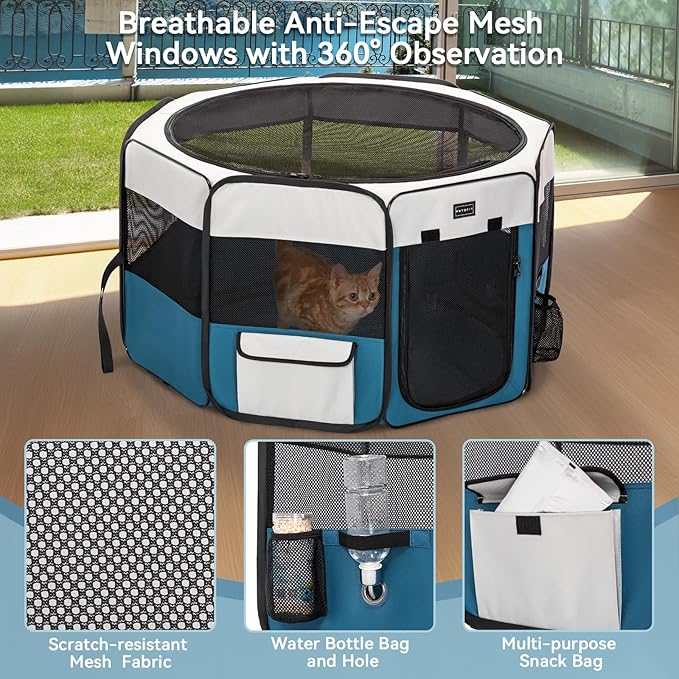 PETSFIT Portable Dog Playpen,36" Dog Play Pen Indoors with Removable Waterproof Mat & Zippered Roof | RV, Camping, Travel Dog Pen | Whelping & Cat Observation Space(36" L x 36" W x 21" H)