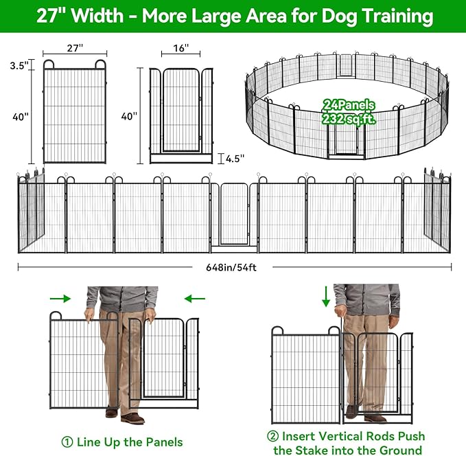 Dog Playpen Outdoor 24 Panels Heavy Duty Dog Fence 40" Height Anti-Rust with Doors Portable for RV Camping Yard, Total 54FT, 227 Sq.ft, Snowy Black
