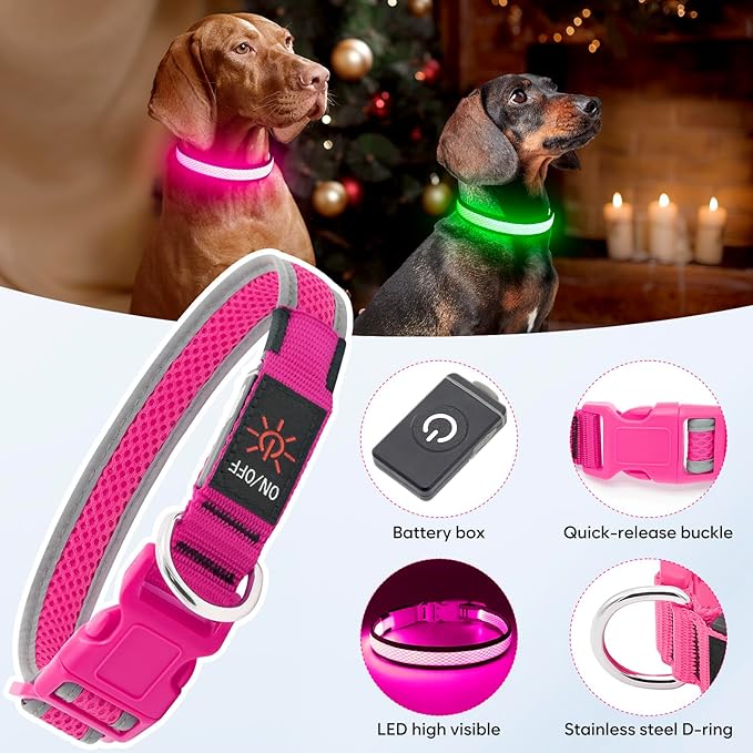 Flashseen LED Dog Collar, Light Up Dog Collar USB Rechargeable, Brightest Dog Lights for Night Walking, Adjustable Dog Collar Light for Dog Safety(Small, Candy Pink)