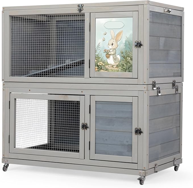 2-Story Wooden Rabbit Hutch for Outdoor & Indoor, Bunny Cage Rabbit House with Wheels, Trays, Ramp, Pet Home for Guinea Pigs, Chickens, Chicken Coop, Gray with Colorful Patterns
