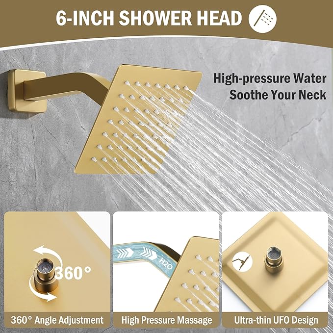 12 Inch Rain Shower System, Brushed Gold Shower Faucet Set with Push Button Diverter, 6 Inch Wall Mounted 3-Functions Bathroom Shower Systems with Dual-Function Handheld