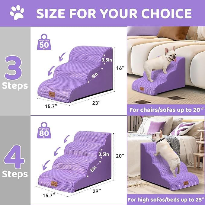 Dog Ramp and Stair for Bed 16" H-20 H,3-Step Cat Stair for Sofa and Chair,4-Step Dog Ramp for High Bed and Window,Durable Nonslip Fabric Cover for Indoor (Purple-20 H, Pet Friendly, 4)
