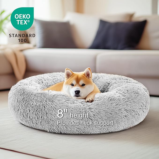 Love's cabin Calming Dog & Cat Bed, Cat Bed for Indoor Cats,Anti-Anxiety Donut Round Dog Bed,Fluffy Faux Fur Washable Bed for Small Medium Pet,Grey,30"