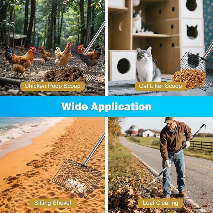 10inch Large Metal Chicken Poop Scooper,32 to 67" Adjustable Long Chicken Coop Litter Scoop,Heavy Duty Sifting Shovel for Chicken Coop & Pet Waste Cleaning