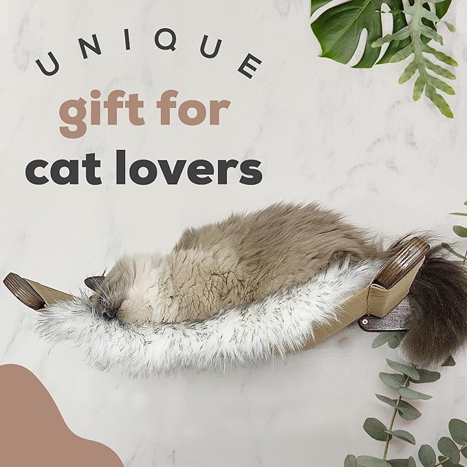 Multi-Level Cat Wall Hammock with Plush Cushion and Two Steps - Shelves Set with Perches for Playing, Climbing, and Sleeping - Wooden Cat Wall Bed